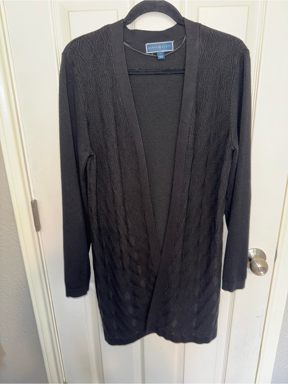 Karen Scott Black Open-Front Cable Cardigan
